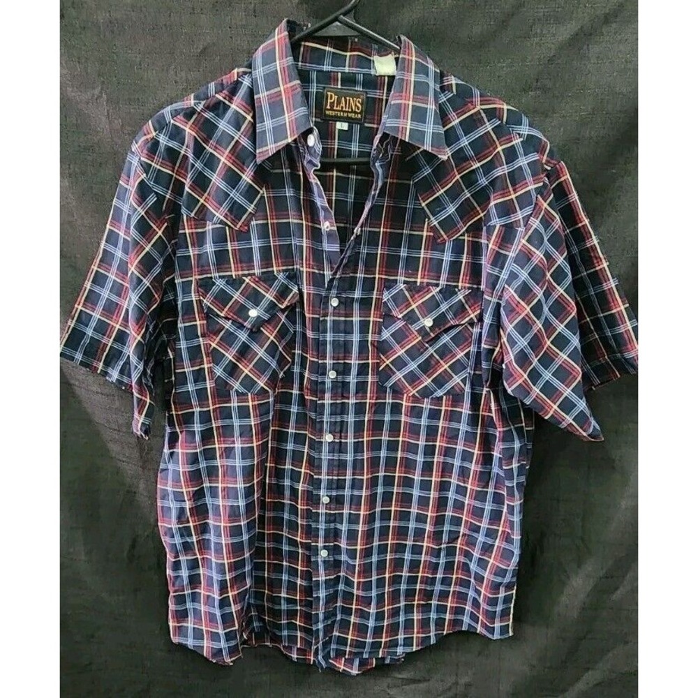 Plains Western Wear Black/Red Short Sleeve Cowboy Pearlsnap Shirt‎ Sz Lrg Mens
